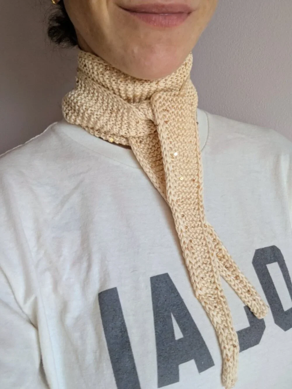 Handmade Sophie Scarf Linen Sequin Neck Tie Minimalist OS Ivory Gold